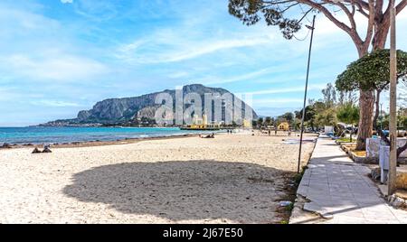 The small beach beside the centre of Mondello, Sicily, Italy. Stock Photo