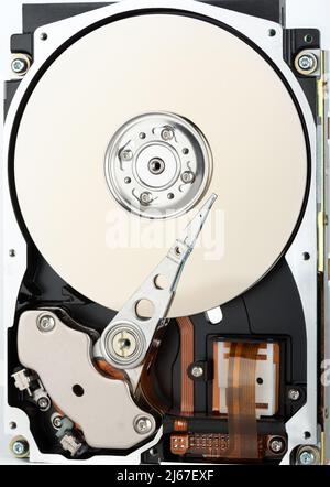 Full frame computer storage hard drive without top cover. Close up. Stock Photo