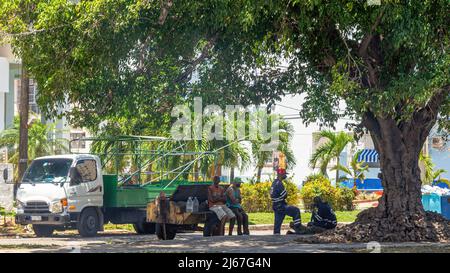 Construction workers take a break in the shade of a large tree. Their truck is parked across the street. Two of them wear uniforms reading Cupet. Stock Photo