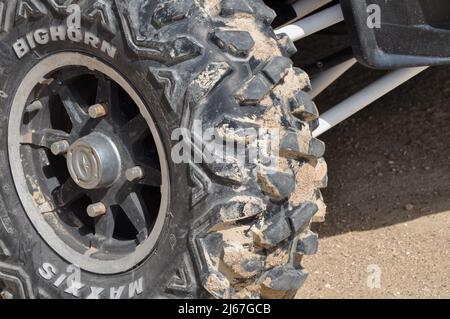 Wheel of all terrain vehicle buggy for racing across desert dunes after safari journey. Abu Dhabi,UAE Stock Photo