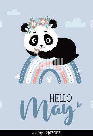 Cute panda with flower wreath on rainbow with clouds. Postcard Hello May. Vector illustration. Spring May card with panda character for design, decor, Stock Vector