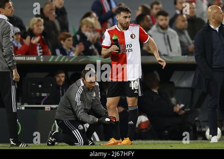 Rotterdam, Netherlands. 28th Apr, 2022. ROTTERDAM - Orkun Kokcu of Feyenoord during the UEFA Conference League semifinal match between Feyenoord and Olympique Marseille at Feyenoord Stadion de Kuip on April 28, 2022 in Rotterdam, Netherlands. ANP MAURICE VAN STEEN Credit: ANP/Alamy Live News Stock Photo