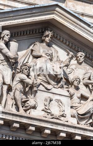 Architectural details on 100 Parliament Street (100PS), of Government Offices Great George Street in Westminster, London, UK. Pedimental Sculpture Stock Photo