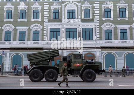 Moscow, Russia. 28th April, 2022. A Tornado-G multiple launch rocket system is seen in Tverskaya Street as it heads to Red Square for a rehearsal of the forthcoming May 9 Victory Day Parade. The parade marks the 77th anniversary of the Allied Victory over Nazi forces in WWII. Credit: Nikolay Vinokurov/Alamy Live News Stock Photo