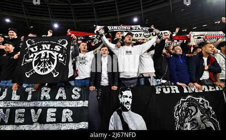London UK 28th April 2022. The Frankfurt fans during the West Ham vs Eintracht Frankfurt Uefa Europa Cup semi final 1st leg match at the London Stadium, Stratford.Credit: Martin Dalton/Alamy Live News. This Image is for EDITORIAL USE ONLY. Licence required from the the Football DataCo for any other use. Credit: MARTIN DALTON/Alamy Live News Stock Photo
