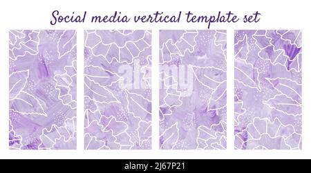 Floral social media story template set. Vertical painted background in pastel purple and white. Contrast flowers on textured paper. Hand painted verti Stock Photo