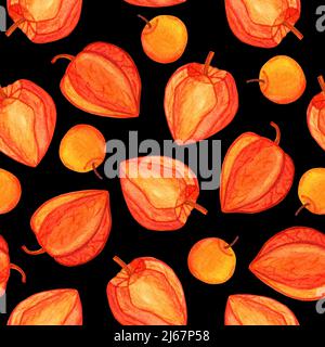 Physalis watercolor seamless pattern isolated on black background. Golden berry hand drawn illustration. Cape gooseberries for print design, kitchen s Stock Photo