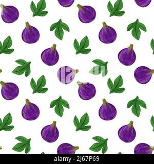 Purple and red fig watercolor seamless pattern. Whole and half fig hand drawn repeated illustration. Geometrical diagonal pattern Stock Photo