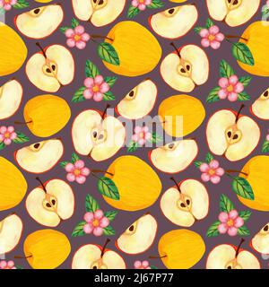 Golden yellow watercolor apples with blooming branch. Botanical seamless pattern with apple slices, quarters and flowers. Nice spring fruit illustrati Stock Photo