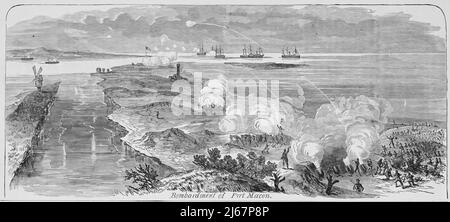 Bombardment of Fort Macon, 1862, in the American Civil War. 19th century illustration Stock Photo