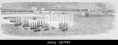 Scene of the Fight of the Iron-Clads, The Battle of Hampton Roads, March 1862, in the American Civil War. 19th century illustration Stock Photo