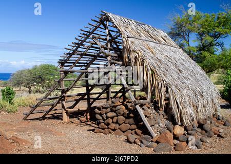 A restored structure at the ancient Hawaiian fishing village in Lapakahi State Historical Park on the Big Island of Hawaii, USA. Stock Photo