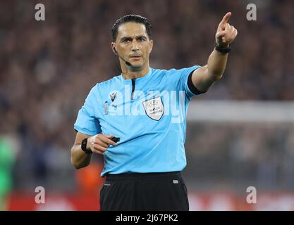 London, UK. 28th April 2022. Referee Serdar Gozubuyuk  during the UEFA Europa League match at the London Stadium, London. Picture credit should read: Paul Terry / Sportimage Credit: Sportimage/Alamy Live News Stock Photo