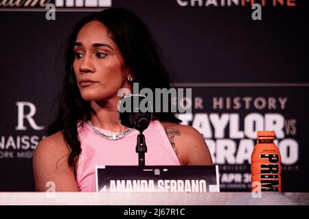 New York, USA. 28th Apr, 2022. NEW YORK, NY - APRIL 28: Amanda Serrano addresses the press ahead of her main event bout at Madison Square Garden on April 30, 2022 in New York, NY, United States. (Photo by Matt Davies/PxImages) Credit: Px Images/Alamy Live News Stock Photo