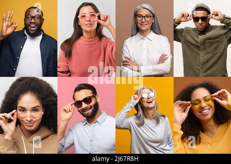 Set of multiracial people wearing different glasses and sunglasses isolated on color backgrounds, collage of portraits of diverse uneven-aged people in goggles Stock Photo