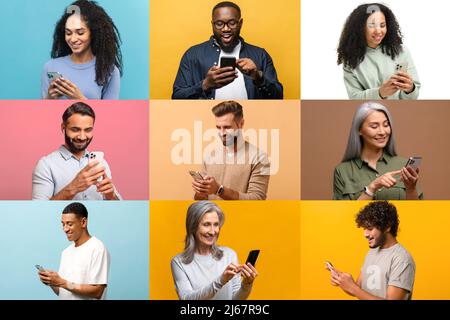 Set of multiracial people using smartphones isolated on color backgrounds, collage of portraits of diverse uneven-aged people with mobile phones in hands, global media community Stock Photo