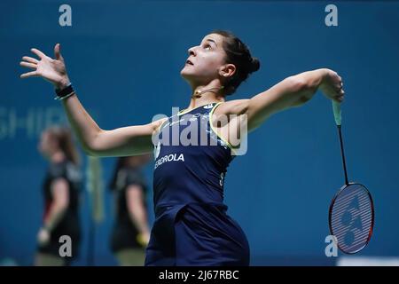 Madrid, Spain. 28th Apr, 2022. Carolina Marin of Spain plays against Line Hojmark Kjaersfeldt of Denmark during the European Badminton Championships Quarter finals in Madrid. Carolina Marin defeats Line Hojmark with the results (21, 14, 21) vs (11, 21, 17) Credit: SOPA Images Limited/Alamy Live News Stock Photo