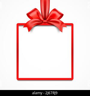 Red gift box blank vector frame with satin ribbon, isolated on white background. Stock Vector