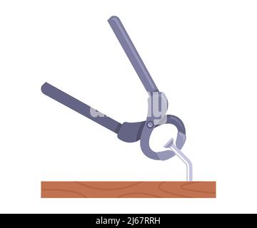 old pliers take out a nail nailed to a tree. flat vector illustration. Stock Vector