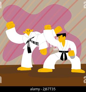 two mens practicing martial arts dueling, concept illustration image, vector design flat background Stock Photo