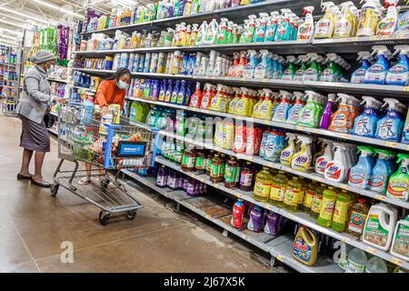 North Miami Beach Florida Walmart discount department store inside interior shopping display sale shelf shelves Lysol antibacterial cleaner wipes sele Stock Photo