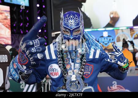 Nevada, USA. 28th Apr, 2022. A view of an Atlanta Falcons fan wearing  Superbowl rings at the NFL Draft in Las Vegas, Nevada on Thursday, April  28, 2022. Photo by James Atoa/UPI