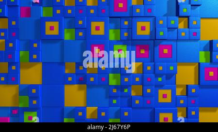 Wall made up of blue, pink, green and yellow cubes of different sizes arranged randomly. 3D Illustration Stock Photo