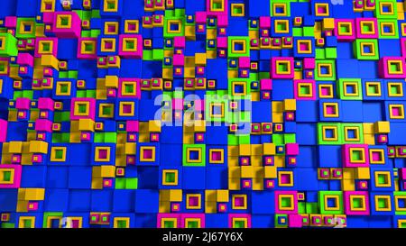 Wall made up of blue, pink, green and yellow cubes of different sizes arranged randomly. 3D Illustration Stock Photo