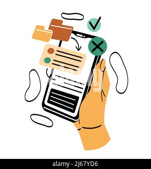 hand holding smartphone with cloud storage gear work vector ...