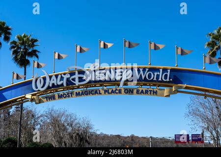 Orlando, Florida, USA - February 9, 2022:  A Walt Disney World entrance arch gate in Orlando, Florida, USA. Walt Disney World is an entertainment reso Stock Photo