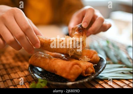 Female eating crispy deep fried vegetable spring rolls. Traditional Asian appitizer snack concept. Stock Photo