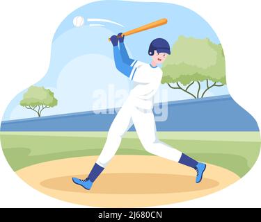 Baseball Player Sports Throwing, Catching or Hitting a Ball with Bats and Gloves Wearing Uniform on Court Stadium in Flat Cartoon Illustration Stock Vector