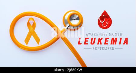 Orange ribbon, stethoscope and text LEUKEMIA on light background Stock Photo