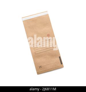 Paper bag for clean manicure tools on white background Stock Photo