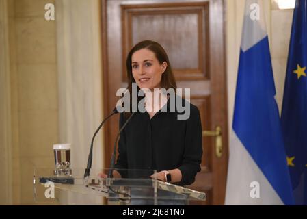 Athens, Greece. 28th Apr, 2022. Sanna Marin, Prime Minister of Finland, during the statements with Greek Prime Minister Kyriakos Mitsotakis. Credit: Pacific Press Media Production Corp./Alamy Live News Stock Photo