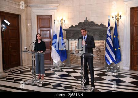 Athens, Greece. 28th Apr, 2022. Sanna Marin, Prime Minister of Finland (left),and Greek Prime Minister Kyriakos Mitsotakis (right) during the statements. Credit: Pacific Press Media Production Corp./Alamy Live News Stock Photo