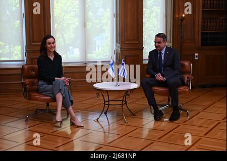 Athens, Greece. 28th Apr, 2022. Sanna Marin, Prime Minister of Finland (left) with Greek Prime Minister Kyriakos Mitsotakis (right) during their meeting. Credit: Pacific Press Media Production Corp./Alamy Live News Stock Photo