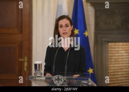 Athens, Greece. 28th Apr, 2022. Sanna Marin, Prime Minister of Finland, during the statements with Greek Prime Minister Kyriakos Mitsotakis. Credit: Pacific Press Media Production Corp./Alamy Live News Stock Photo