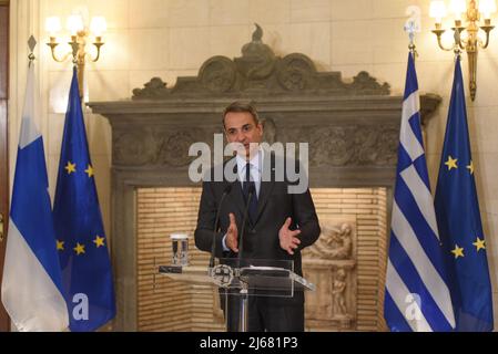 Athens, Greece. 28th Apr, 2022. Greek Prime Minister Kyriakos Mitsotakis, during the statements with Sanna Marin, Prime Minister of Finland. Credit: Pacific Press Media Production Corp./Alamy Live News Stock Photo