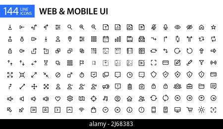 144 simple line art web and mobile ui icons. Pixel perfect, editable stroke Stock Vector