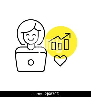 Woman working on a laptop. SMM content manager or blogger creating growth strategies for product promotion. Pixel perfect, editable stroke icon Stock Vector
