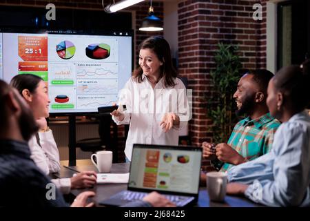 Smiling caucasian woman in late night meeting presenting business analytics to happy team in modern office. Startup board members pleased with sales results listening to ceo talking about turnover. Stock Photo