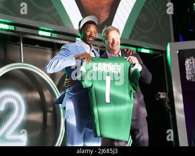 Las Vegas, USA. 28th Apr, 2022. The New York Jets select Ahmad Gardner, with the number 4 pick at the NFL Draft in Las Vegas, Nevada on Thursday, April 28, 2022.      Photo by James Atoa/UPI Credit: UPI/Alamy Live News Stock Photo