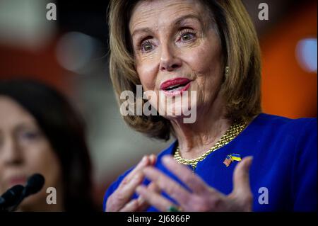 Washington DC, USA. 28th Apr, 2022. Speaker of the United States House of Representatives Nancy Pelosi (Democrat of California) offers remarks during a weekly press conference at the US Capitol in Washington, DC, USA, Thursday, April 28, 2022. Photo by Rod Lamkey/CNP/ABACAPRESS.COM Credit: Abaca Press/Alamy Live News Stock Photo