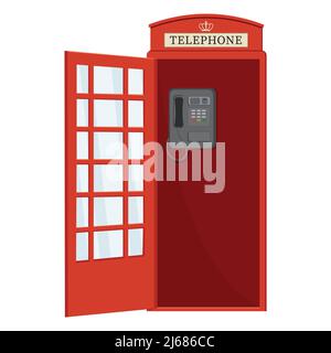 Red telephone booth with open door, color vector isolated cartoon-style illustration. Stock Vector