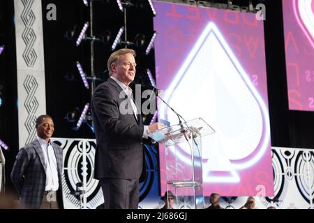 Las Vegas, USA. 28th Apr, 2022. NFL Commissioner Roger Goodell speaks onstage during the NFL Draft in Las Vegas, Nevada on Thursday, April 28, 2022.      Photo by James Atoa/UPI Credit: UPI/Ģ����ý Live News Stock Photo