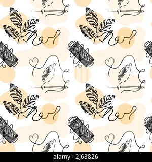 Seamless pattern of embroidered leaves, hand-drawn doodles in sketch style. Reel of thread. Needle and thread. Embroidery. Handmade. Thread. Vector si Stock Vector