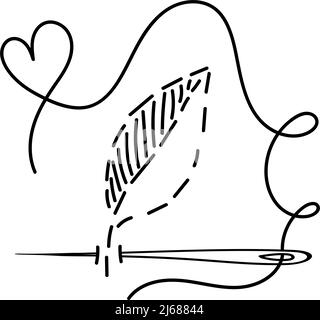 Embroidered leaves, hand-drawn doodles in sketch style. Needle and thread. Embroidery. Handmade. Thread. Vector simple illustration Stock Vector