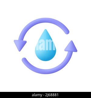 Water drop with arrows around. Renewable natural resource, water recycling, ecology concept. 3d vector icon. Cartoon minimal style. Stock Vector