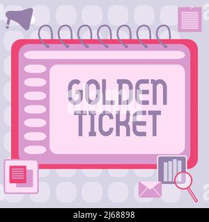 Inspiration showing sign Golden Ticket. Business idea Rain Check Access VIP Passport Box Office Seat Event Blank Open Spiral Notebook With A Stock Photo